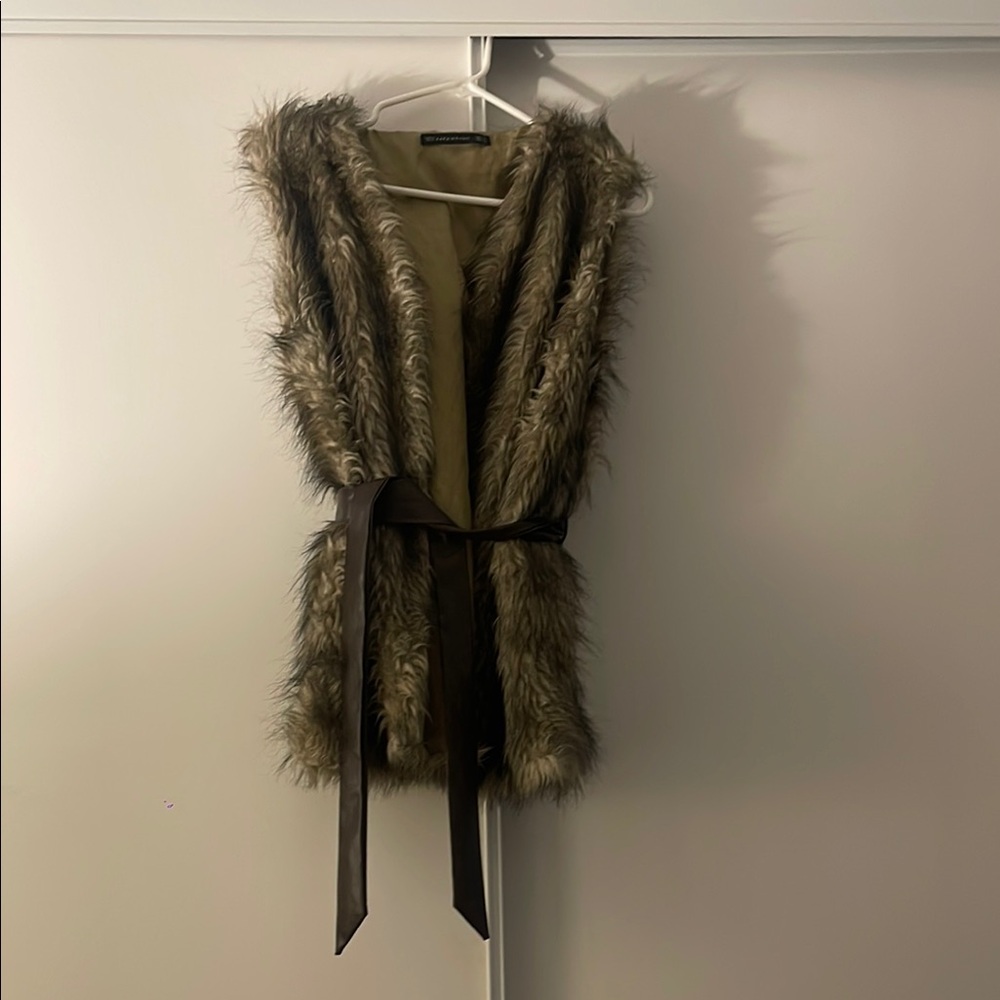 Faux Fur Vest with Belt - Brown